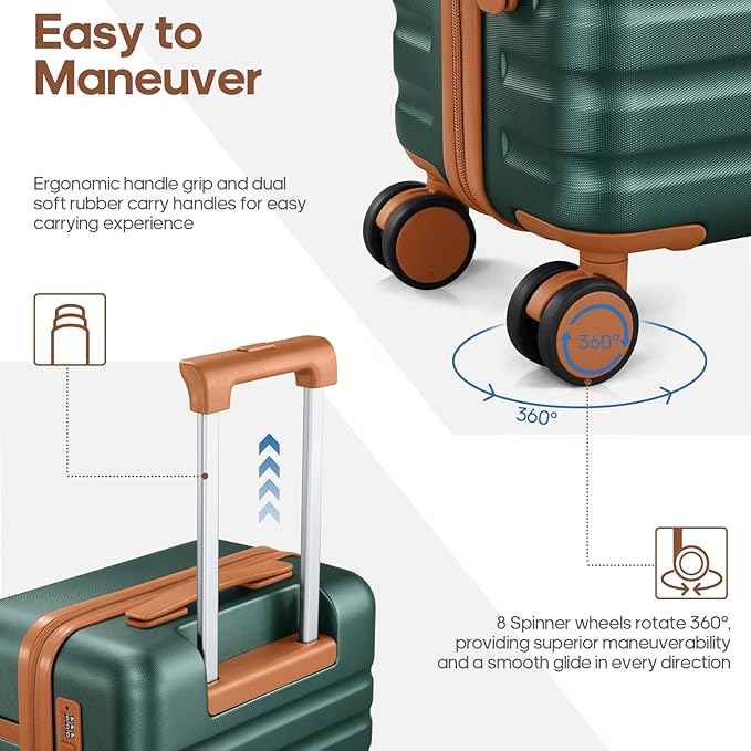 UKEIN Luggage Sets 3 Piece, Carry On Luggage 20In With Spinner Wheels,PC Hardside Suitcase Set with TSA Lock,Durable Carry On Suitcase With Travel Backpack for Men (Green, 3 piece set (20inch))