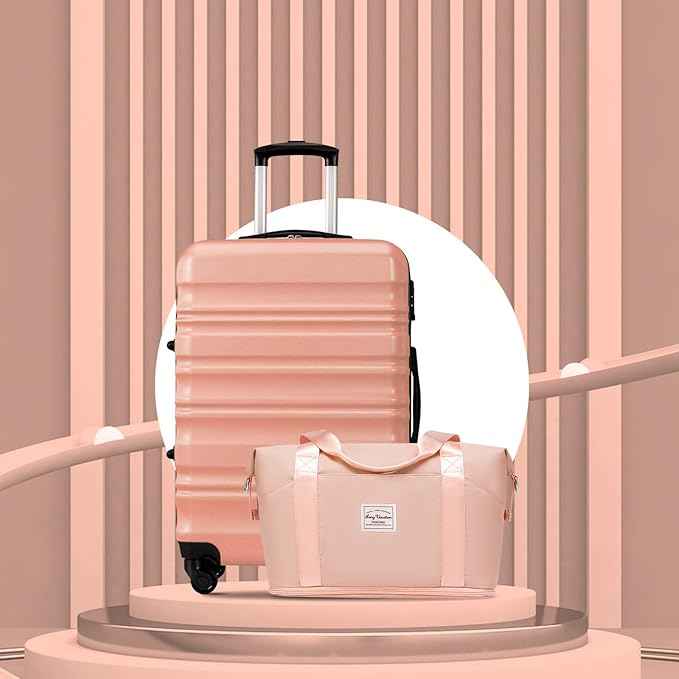LONG VACATION 6 Piece Luggage Set Carry on Suitcase with ABS+PC hardshell, Spinner Wheels & YKK Zipper TSA Lock (PINK, 6 piece set)