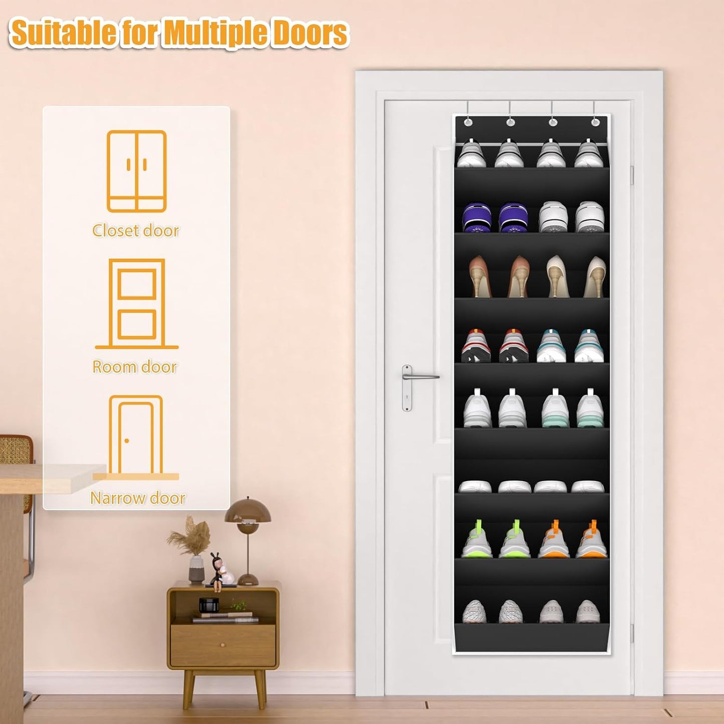 Over The Door Shoe Organizer Storage Fit 16-24 Pairs Hanging Shoe Rack Organiser for Closet Door, Deep Pocket Shoe Holder for Sneakers,Boots Storage(1 Pack Black)