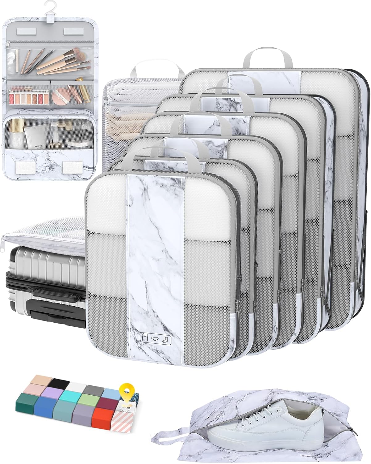 10 Set Compression Packing Cubes for Travel Essentials,Compressible Expandable Packing Cubes for Suitcase,OlarHike Luggage Organizer Bags for Travel,Handy Helper for Organizing Clothes(White Marble) - Roamly