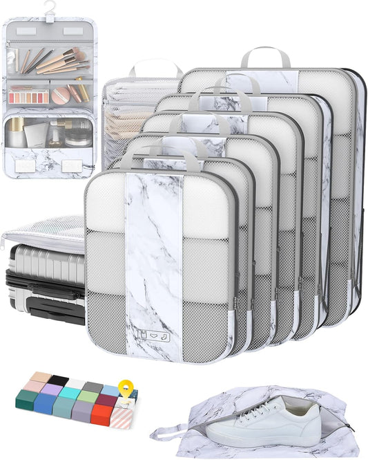 10 Set Compression Packing Cubes for Travel Essentials,Compressible Expandable Packing Cubes for Suitcase,OlarHike Luggage Organizer Bags for Travel,Handy Helper for Organizing Clothes(White Marble) - Roamly