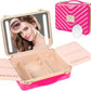 Kalolary Travel Makeup Train Cases with Lighted Mirror 3 Color Setting, Makeup Bag Cosmetic Case Organizer Adjustable Brightness Portable Makeup Storage Box with Detachable 5X Magnifying Mirror, Pink