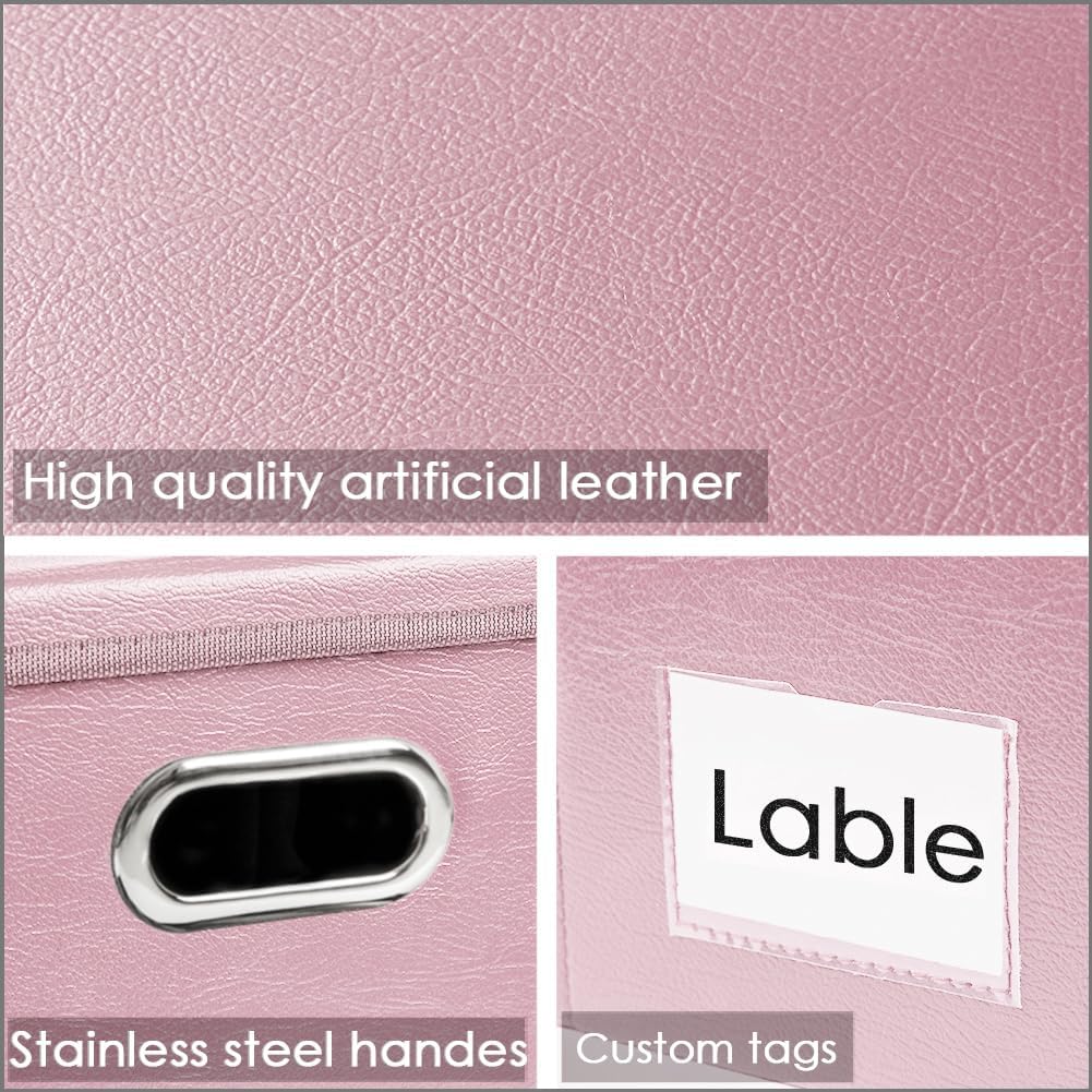 PRANDOM Collapsible Storage Box with Lid [1-Pack] Leather Fabric Foldable Storage Bin Organizer Container Basket Cube with Cover for Home Bedroom Closet Office Nursery Pink (13.6x9.6x6.9)