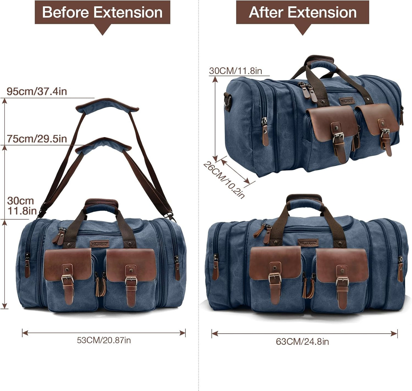 Wildroad 50L Travel Duffel Bag, Expandable Canvas Genuine Leather Duffle Bag Upgraded Overnight Weekender Carry on Bag (Navy Blue, Large-50L) - Roamly