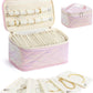 Large Travel Jewelry Organizer Box with 20 Clear Velvet Bags, Anti-Tangle & Anti-Oxidation Jewelry Case for Rings, Earrings, Necklaces & Bracelets – Quilted Pink Design, Gift for Women & Girls, Pink
