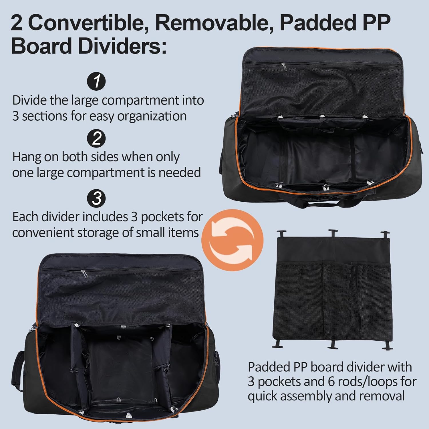 110L/140L Expandable Soft-Sided Foldable Duffle Bag with 2 Rubber Wheels,Packable 32” Rolling Carry-On with Multi-Pockets & Compartments,Black Orange - Roamly