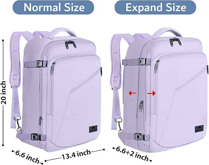 MATEIN Purple Backpack, Extra Large Travel Backpack for Women, Expandable Suitcase for Hiking Camping Gym, Water Resistant Carryon Daypack for Travelling, Cute Gifts, Light Purple