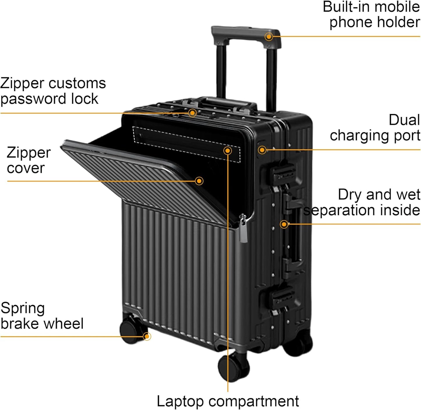 Zipperless Luggage, Polycarbonate Aluminum Hard Shell, Expandable Carry-On Suitcase with Spinner Wheels, Hard Shell Suitcase, 24 Inch Cabin - Roamly