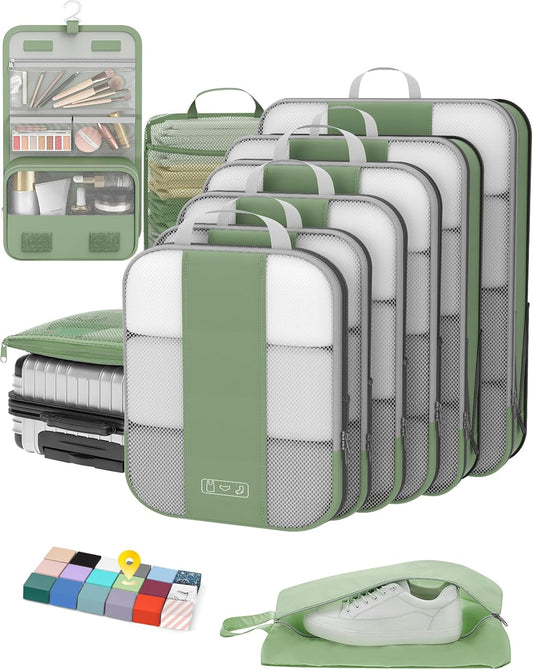 10 Set Compression Packing Cubes for Travel Essentials,Compressible Expandable Packing Cubes for Suitcase,OlarHike Luggage Organizer Bags for Travel,Handy Helper for Organizing Clothes(Matcha Green) - Roamly