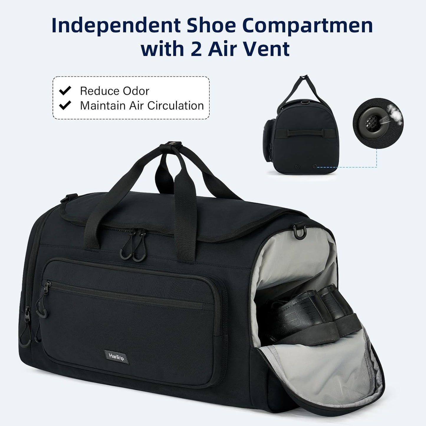 Large Travel Duffle Gym Bag with Shoe Compartment, Underseat Carry On Luggage Overnight Weekender Personal Item Workout Bags for Women Men (Black) - Roamly