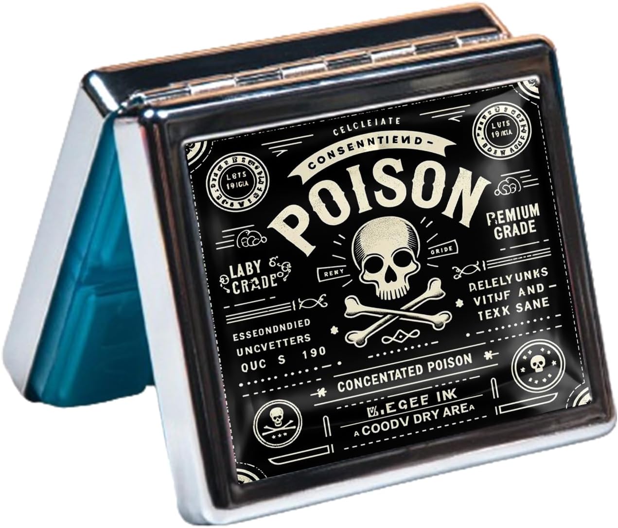 Cute and Portable Metal Pill Organizer – 8 Compartments, Elegant Chrome Finish, Ideal for Travel and Daily Use (Poison Label Retro)