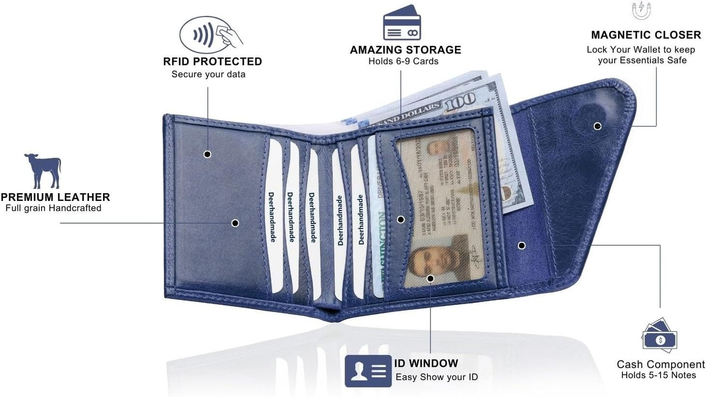 Leather RFID Wallet for Men, Slim Leather Mens Wallet, Handcraft Men's Wallets, Card Cases & Money Organizers, Magnetic Closure Sleek RFID Blocking Thin Mens Wallets with 9-12 Card Slots & Gift Box - Roamly