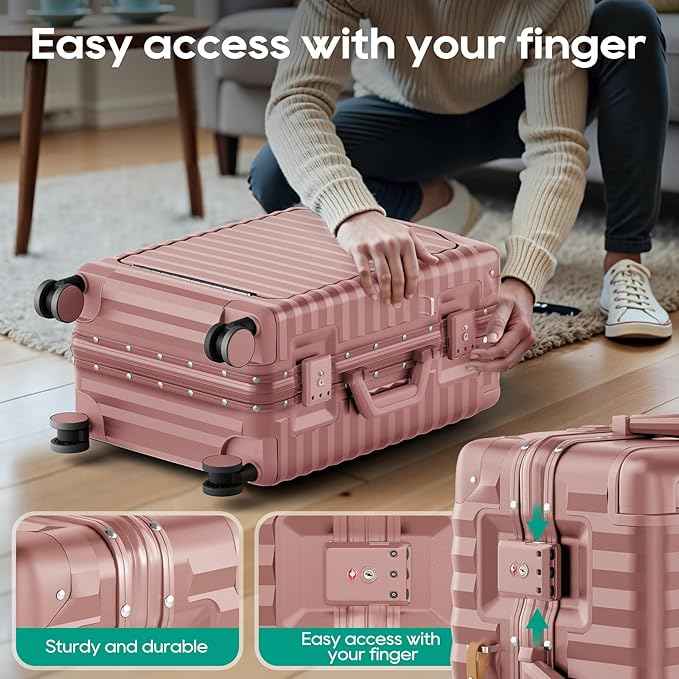 Joyway 20 Inch Carry on Luggage with Aluminium Frame and Front Pocket, PC Hardshell Suitcase with USB Port and Cup Holder, 21.5x14.2x9 Airline Approved, Luggage with Spinner Wheel TSA Lock(Rose Gold)