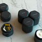 Cadence Travel Containers - Daily Routine Capsule Set - Magnetic Containers with Lids,4 Flex Mediums (1.32oz) & 3 Flex Smalls (0.56oz) - Shampoo, Conditioner, Body Wash, Pills, & More - Charcoal
