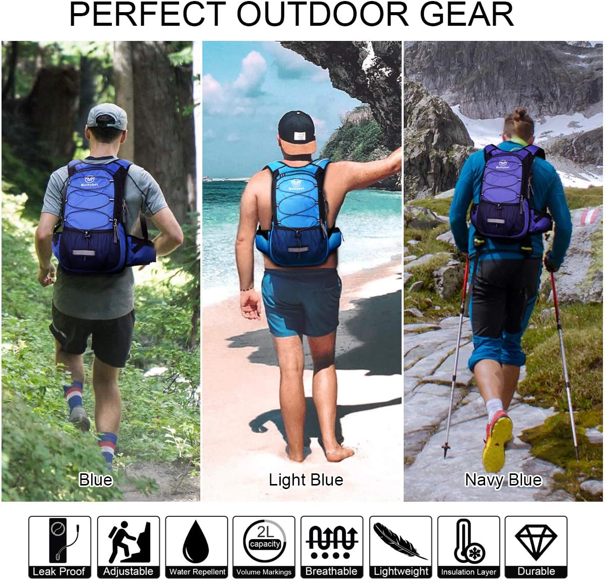 Insulated Hydration Backpack Pack with 3L BPA Free Leak Proof Water Bladder, Large Storage Lightweight Hiking Daypack with Waist Pouches & Cooler Layer, for Running, Biking, Camping, Festival - Roamly
