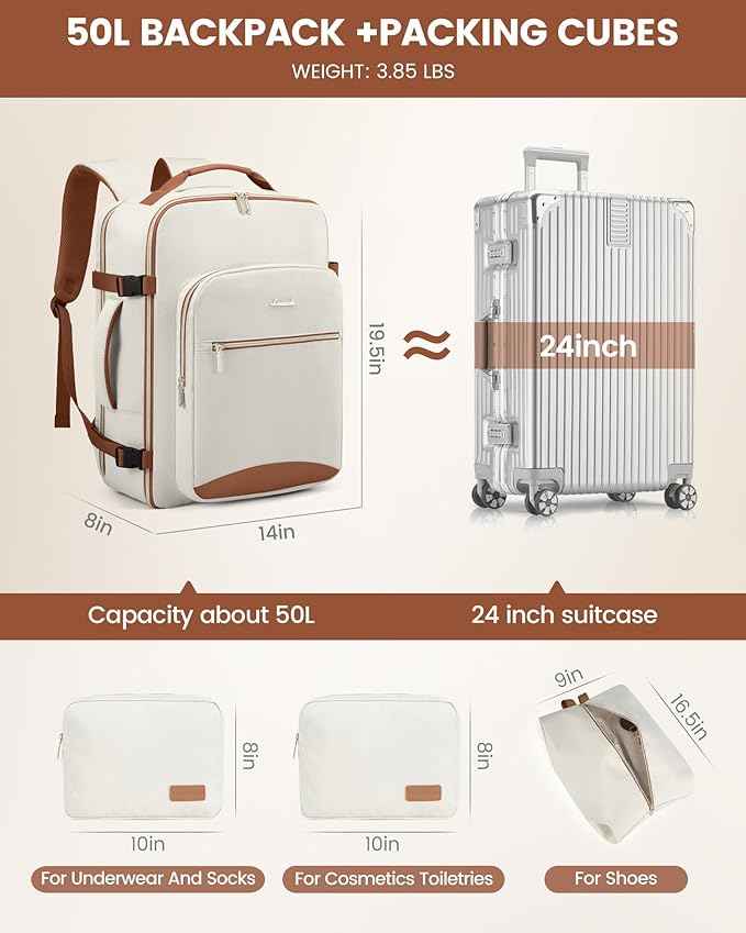 LOVEVOOK Travel Backpack for Women & Men 50L,Airline Approved Carry On Backpack Travel Essentials,TSA Carry on Luggage,Waterproof Personal Item Travel Bag,Suitcase with 3 Packing Cubes, Beige-Brown