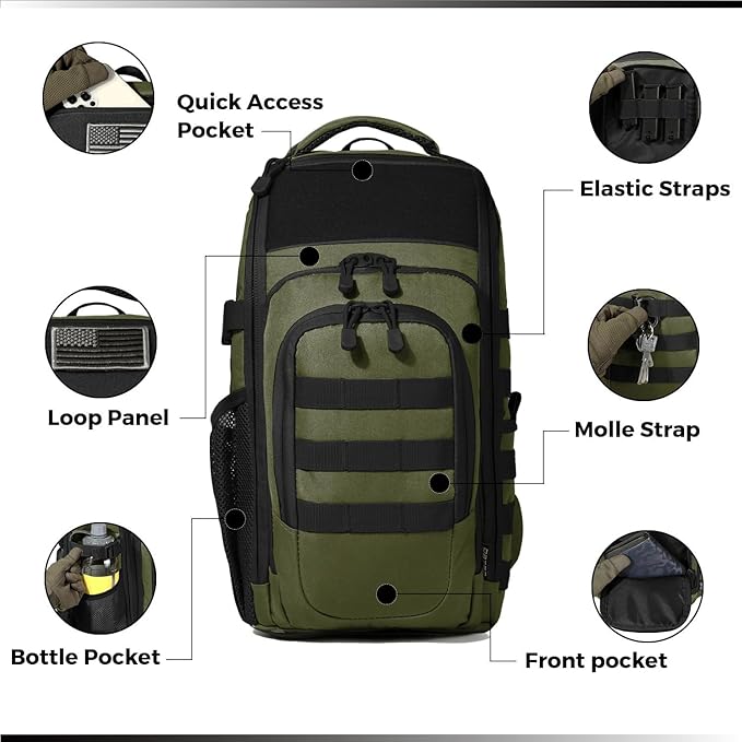 DBTAC Tactical Personal Defense EDC Bags & Packs | 10L Military Shoulder Backpack with Sling for Concealed Carry, Range, Travel, Hiking, Outdoor Sports (Green)