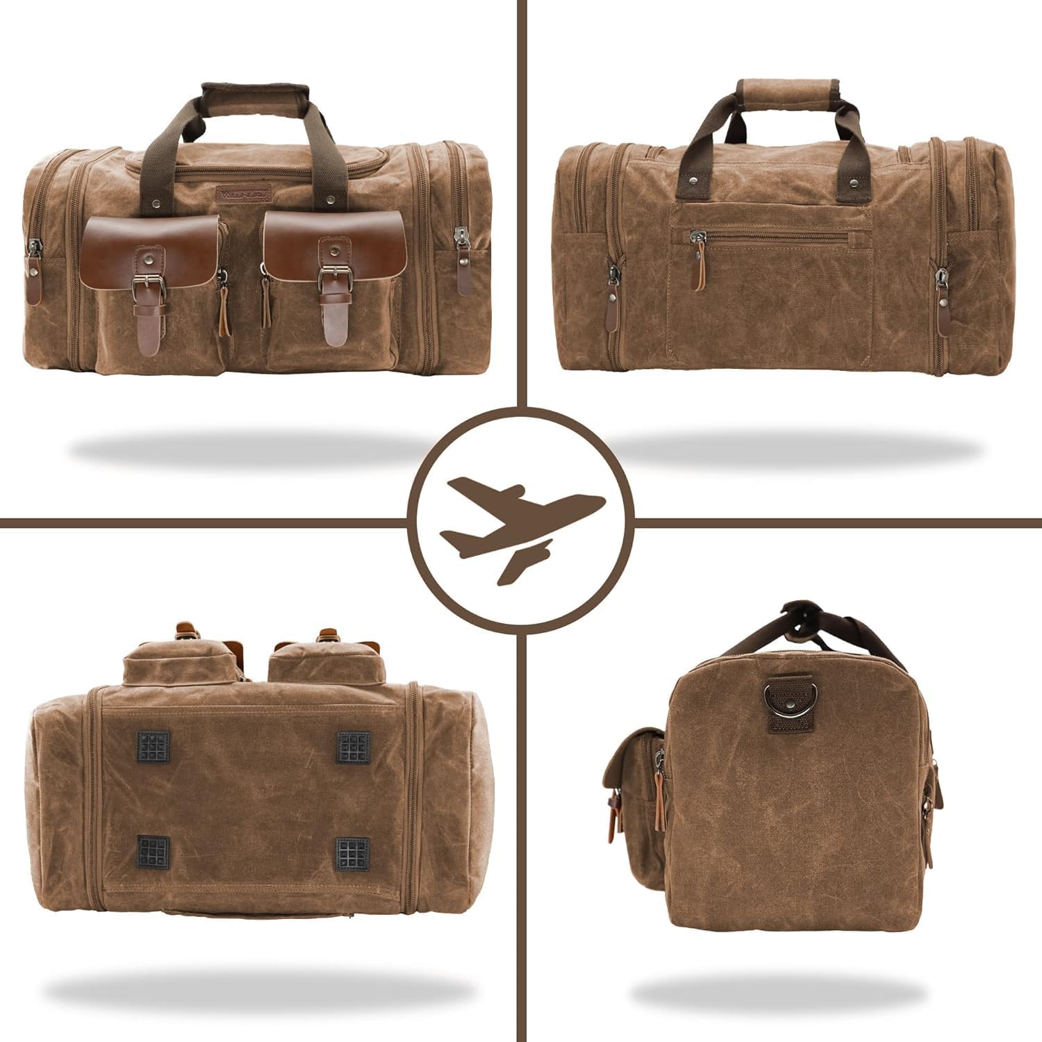 Wildroad Waxed Canvas Duffle Bag - 60L Waterproof Genuine Leather Weekender Overnight Travel Hand Bag - Roamly