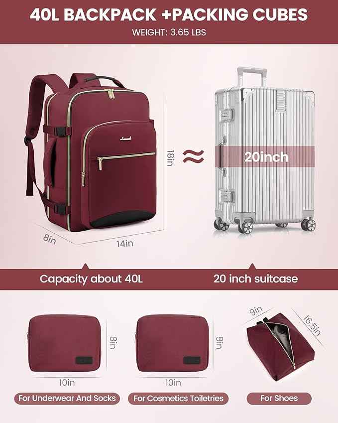 LOVEVOOK Travel Backpack for Women & Men 40L,Airline Approved Carry On Backpack Travel Essentials,TSA Carry on Luggage,Waterproof Personal Item Travel Bag,Suitcase with 3 Packing Cubes,Wine red-Black