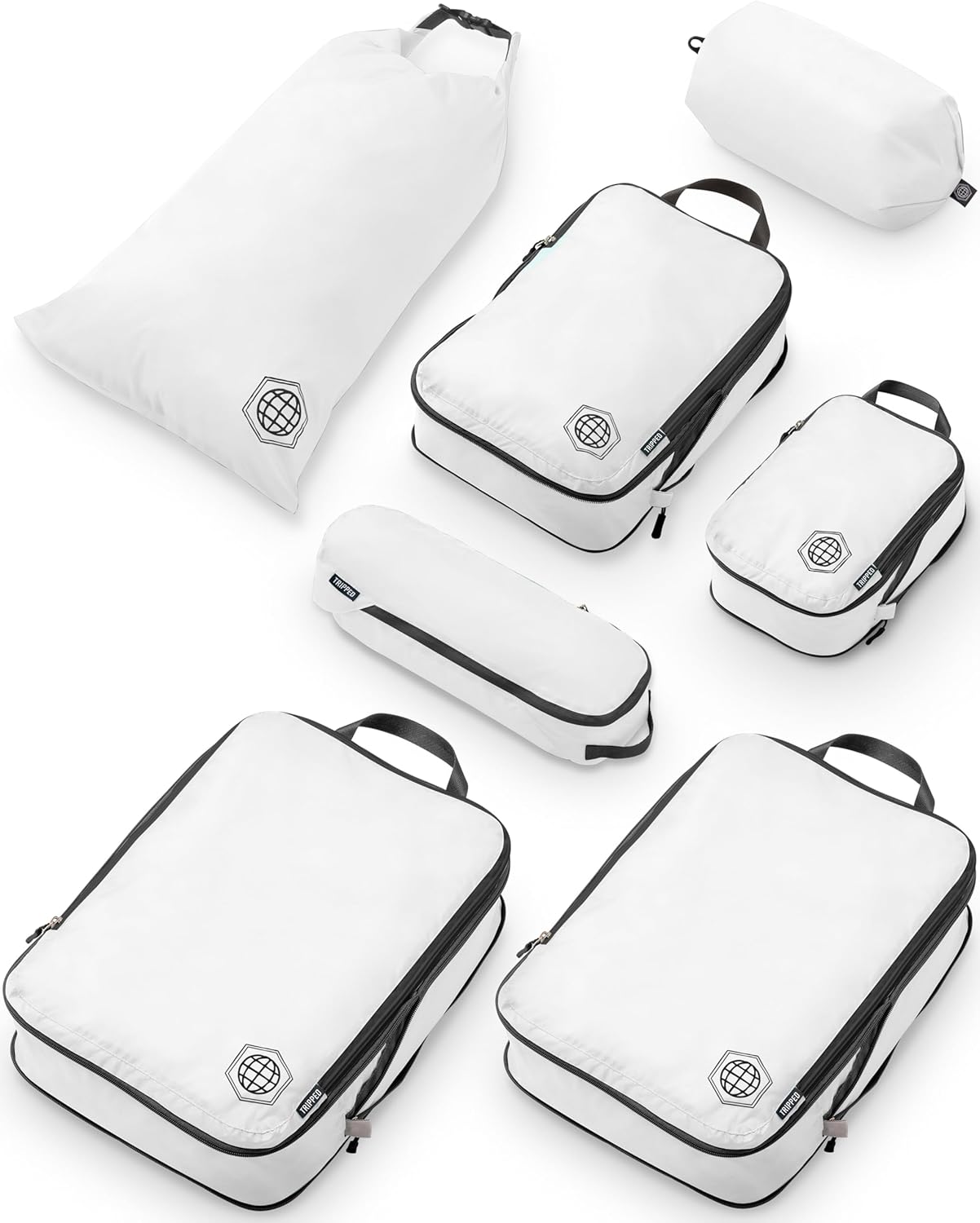 Large Compression Packing Cubes for Travel-Packing Cube Luggage Organizers 7 Piece Set for Checked Luggage-Ultralight, Expandable/Compression Bags by TRIPPED Travel Gear (White/Grey) - Roamly