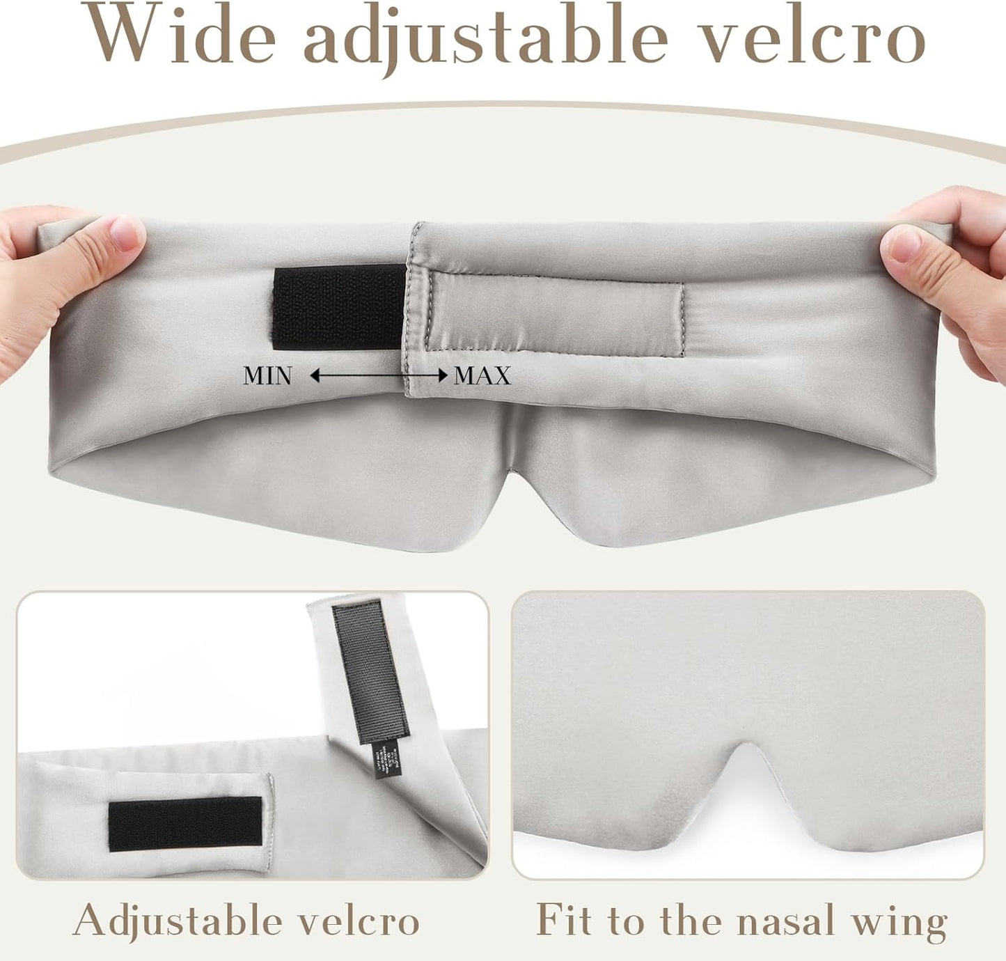 100% Mulberry Silk Sleep Mask Eye Mask for Women Man with Adjustable Band, for Side Sleeper Blackout Sleep Mask for Travel Rest and Office (Gray)