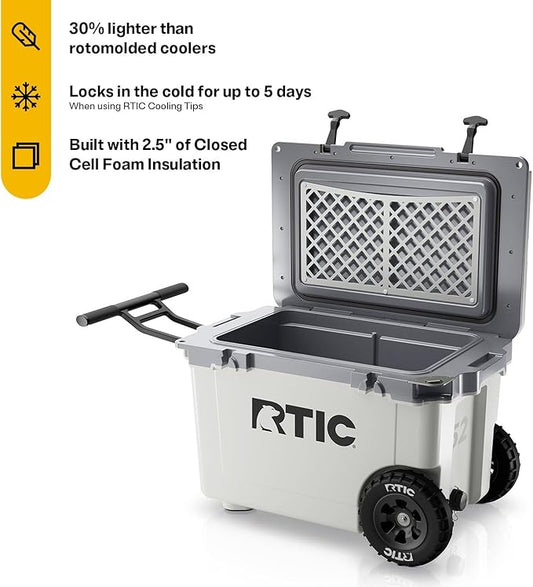 RTIC 52 Quart Ultra-Light Wheeled Hard Cooler Insulated Portable Ice Chest Box for Beach, Drink, Beverage, Camping, Picnic, Fishing, Boat, Barbecue, 30% Lighter Than Rotomolded Coolers