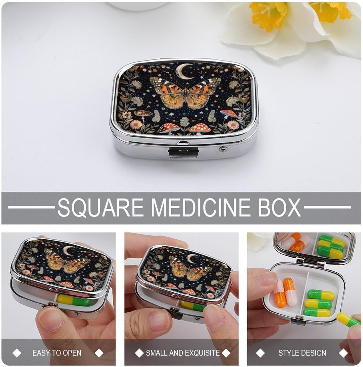 Metal 2 Compartment Pill Organizer Travel Friendly Portable Compact Pill Box Cute Pill Case,for Pocket Wallets Daily Portable Medicine Vitamin Tablet Storage (Butterfly)