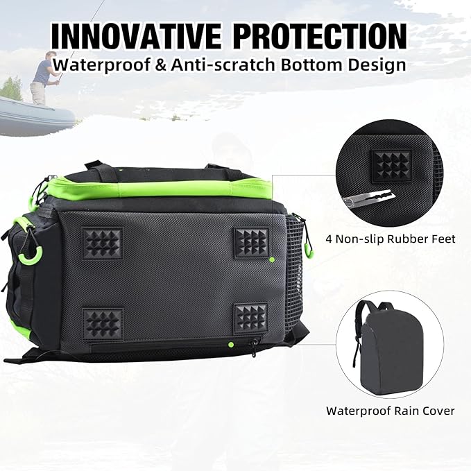 AUMTISC Fishing Tackle Backpack, Fishing Backpacks with 2 Rod Holders, Waterproof Bag Backpack with 4 Tackle Boxes, Rain Cover & Small Insulated Bag, Large Fishing Backpacks for Fish Gear & Equipment
