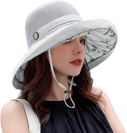 Women Wide Brim Sun Hats Metal Wired Edge Summer UV Protection Beach Fishing Hat for Hiking Garden Travel Chin Strap