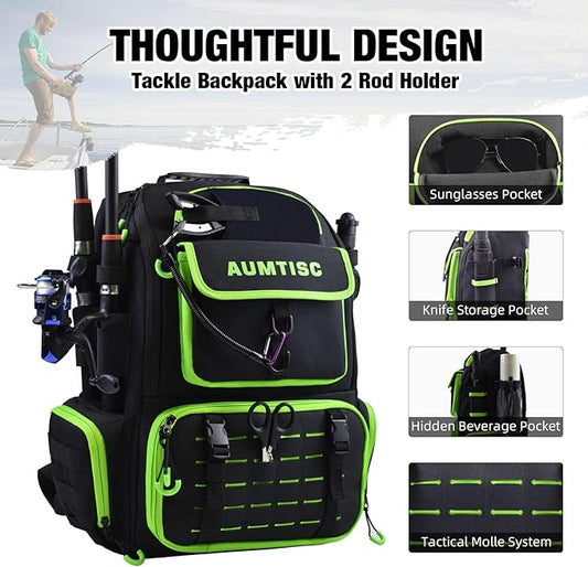 AUMTISC Fishing Tackle Backpack, Fishing Backpacks with 2 Rod Holders, Waterproof Bag Backpack with 4 Tackle Boxes, Rain Cover & Small Insulated Bag, Large Fishing Backpacks for Fish Gear & Equipment