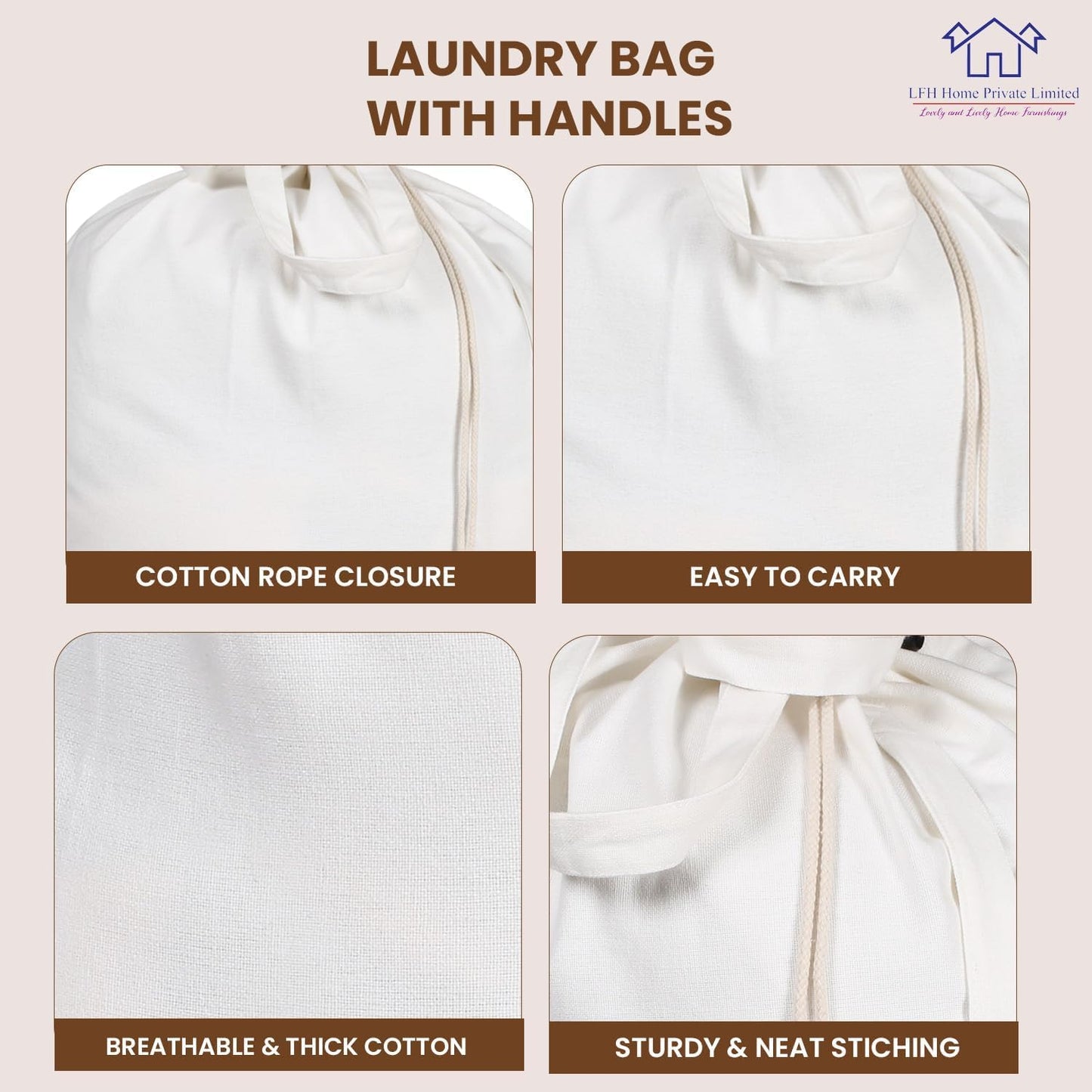 LFH Home Cotton Canvas Large Laundry Bag with Handle, Heavy Duty Drawstring Closure Washable Laundry Bags, School Travel, Home, Hotel, College Dorm, Organizer Sack, Toy Clothes 24x36 (Pack of 4)-White