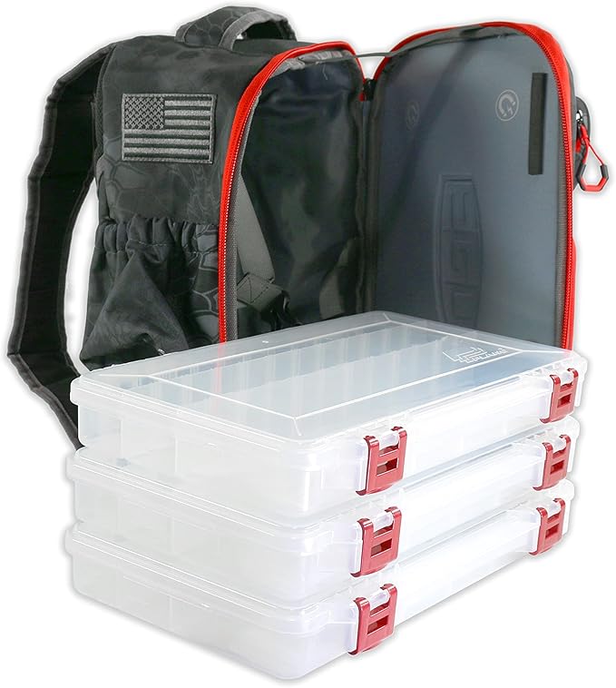 EGO Kryptek Tactical Tackle Box Backpack, Durable Fishing Tool Bag, 1000D Nylon Fabric with PVC Back, Water-Resistant, Multiple Storage Pockets, Laser-Cut Molle Loops, Includes 4 Tackle Trays