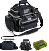Goture Fishing Tackle Bag with 2pcs 3600 Tackle Boxes, 600D Water-Resistant Soft Side Saltwater Gear Storage Fishing Bag with Rod Straps, Detachable Water Bottle Pouch, Waterproof Bottom, SBS Zippers