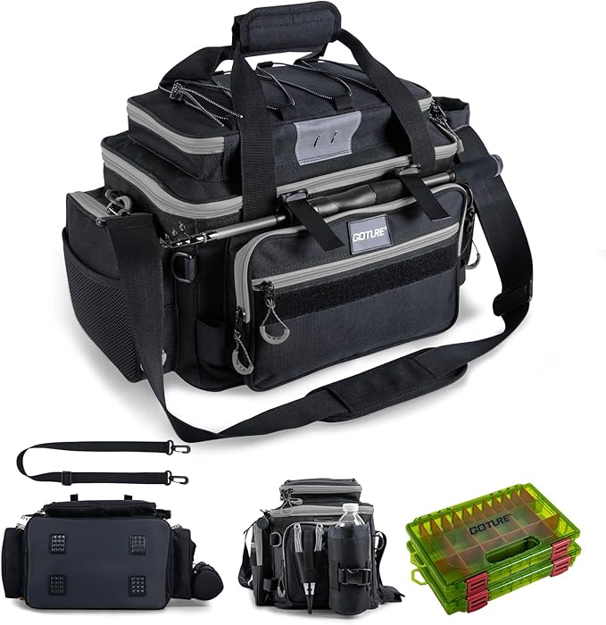 Goture Fishing Tackle Bag with 2pcs 3600 Tackle Boxes, 600D Water-Resistant Soft Side Saltwater Gear Storage Fishing Bag with Rod Straps, Detachable Water Bottle Pouch, Waterproof Bottom, SBS Zippers