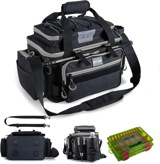 Goture Fishing Tackle Bag with 2pcs 3600 Tackle Boxes, 600D Water-Resistant Soft Side Saltwater Gear Storage Fishing Bag with Rod Straps, Detachable Water Bottle Pouch, Waterproof Bottom, SBS Zippers