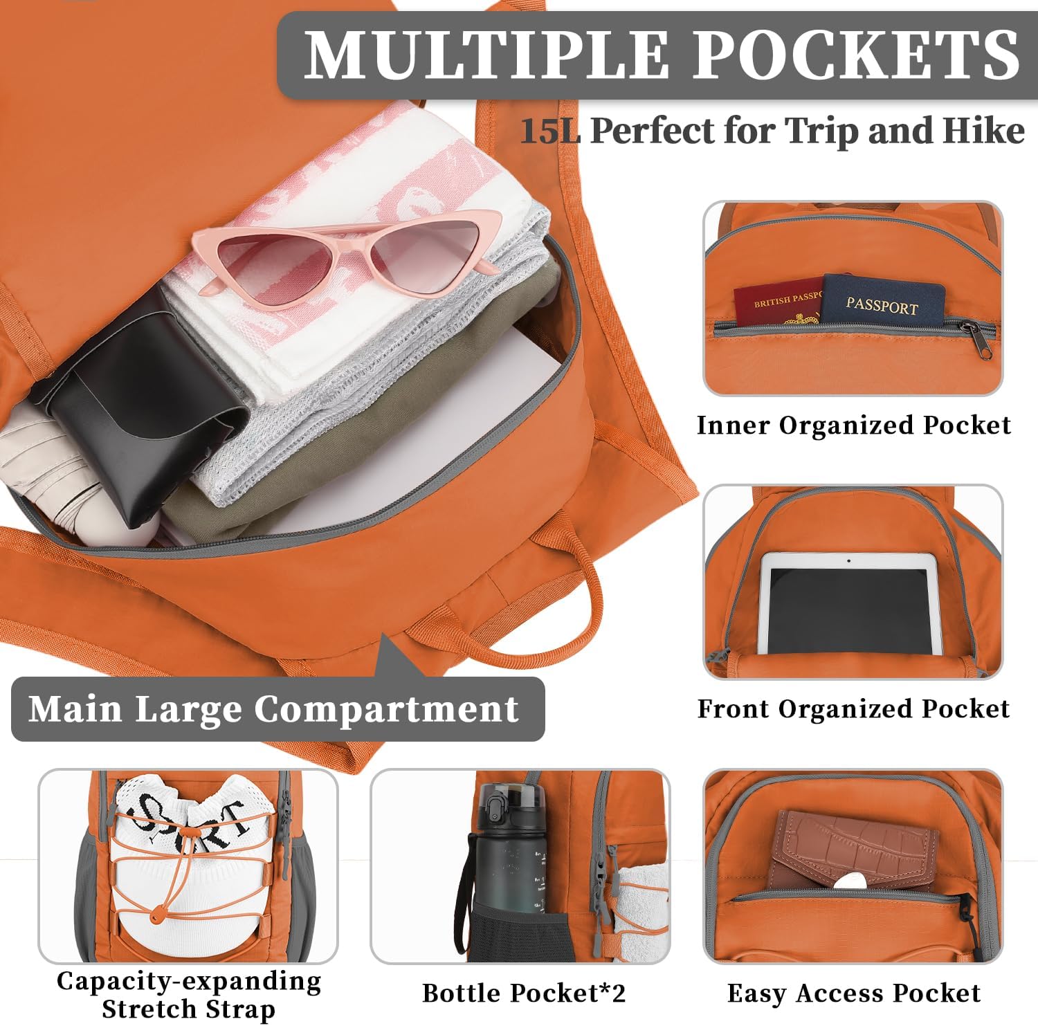 ZOMFELT Hiking Backpack for Women Men, 15L Lightweight Packable Backpacks for Trip, Water Resistant Small Travel Backpack, Foldable daypack for Hiking, Walking, Cycling, Camping, Orange - Roamly