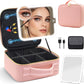 Travel Makeup Bag with Magnetic Removable Lighted Mirror, Cosmetic Bag Organizer with Mirror 360° Angle, Tri-Color LED Lighted Makeup Case, Portable Makeup Travel Train Case with Adjustable Dividers