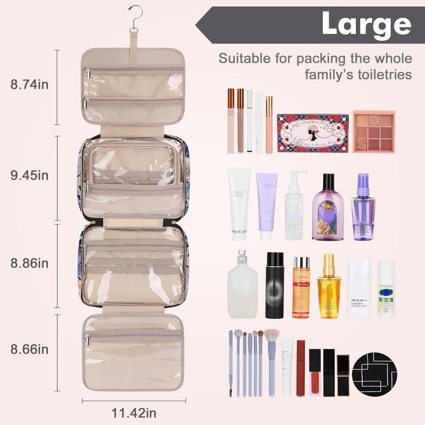 Wedama Toiletry Bag for Women, Large Cosmetic Travel Bag, Hanging Toiletry Bag for Bathroom, PVC Waterproof Makeup Bag, Toiletries Bag for Travel Business Trips and Camping, Black+Brown Floral - Roamly