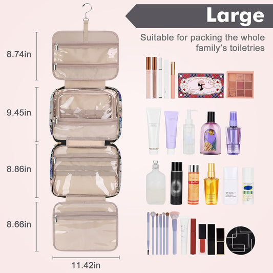 Wedama Toiletry Bag for Women, Large Cosmetic Travel Bag, Hanging Toiletry Bag for Bathroom, PVC Waterproof Makeup Bag, Toiletries Bag for Travel Business Trips and Camping, Black+Brown Floral - Roamly