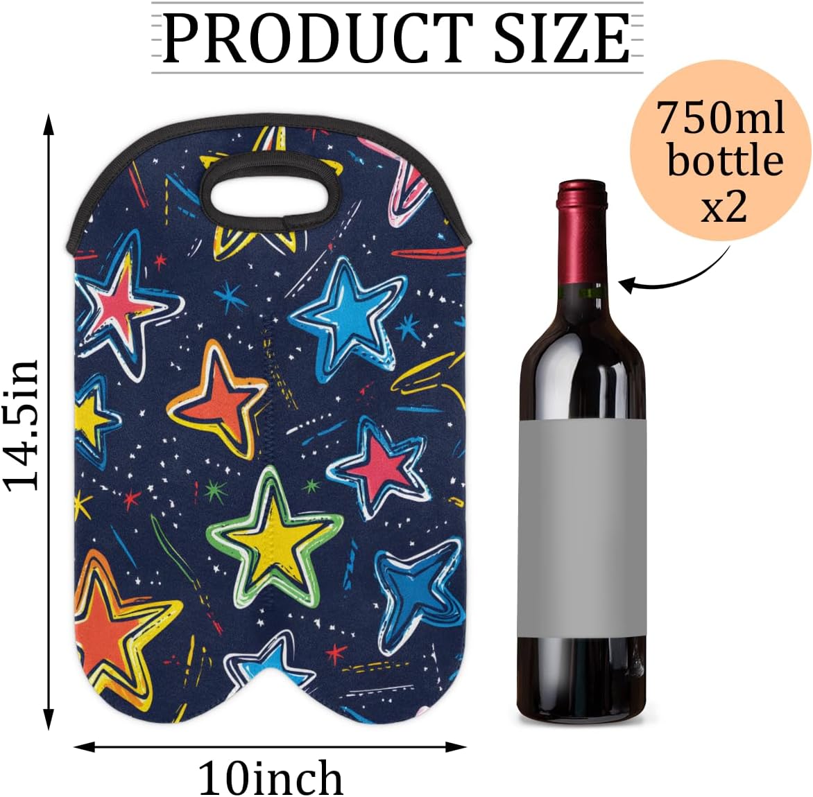 Neoprene Wine Tote, Bottle Carrier Gag Insulating Neoprene Thicker, Insulated Wine Bag for Travel Holds Two Bottles, Bottle Carrier Bags Protect the Bottles, Colorful Stars