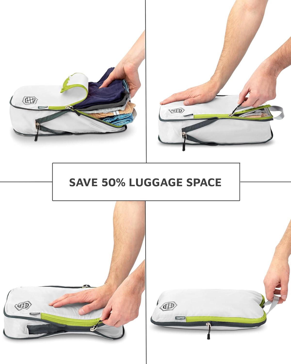 Large Compression Packing Cubes for Travel-Packing Cube Luggage Organizers 7 Piece Set for Checked Luggage-Ultralight, Expandable/Compression Bags by TRIPPED Travel Gear (White/Green) - Roamly