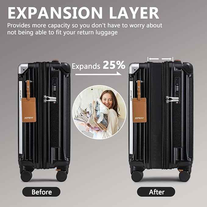 Joyway 20in Carry On Luggage with Cup Holder and USB Port, 25% Expandable Capacity, Smart Suitcase with Anti Slip Wheels and Backpack, Perfect for Men and Women 3 Piece Set Black