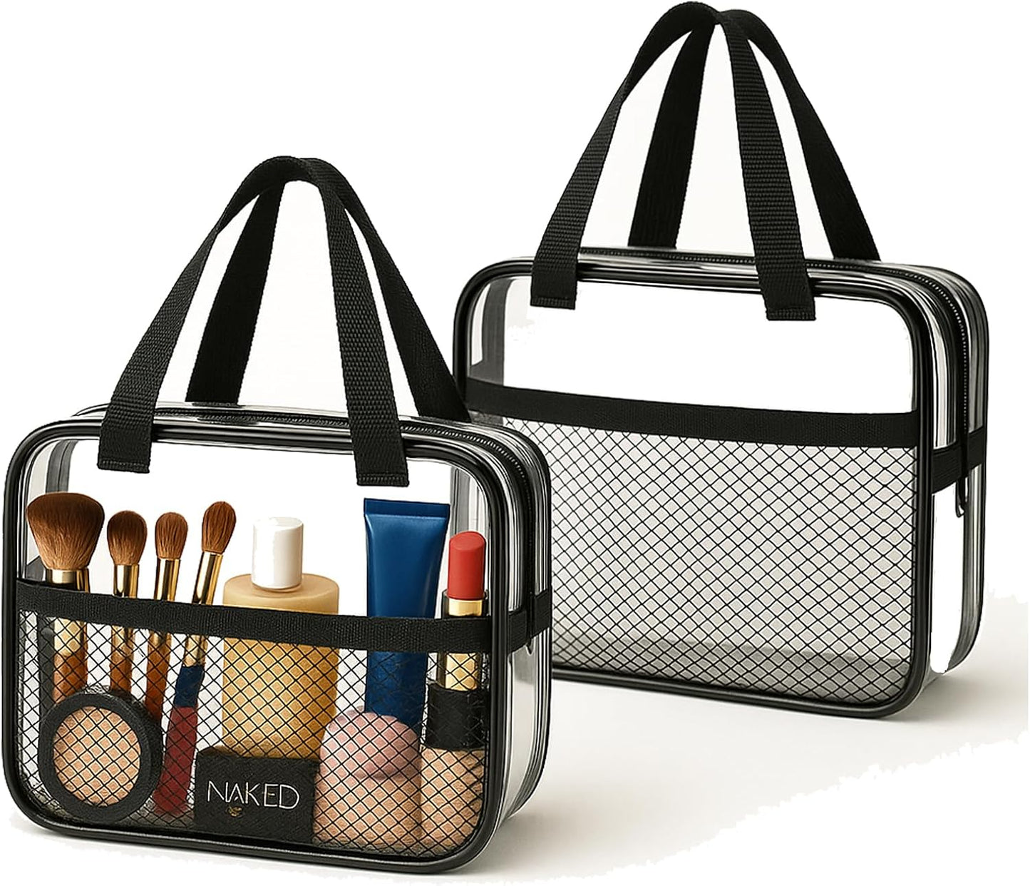 XEWEA 2PCS Middle TSA Approved Clear Travel Toiletry Bags for Men Women, Transparent Makeup Cosmetic Bag with Handle Zipper, Waterproof PVC Quart Organizer Pouch for Airport Airline Essential, Balck - Roamly