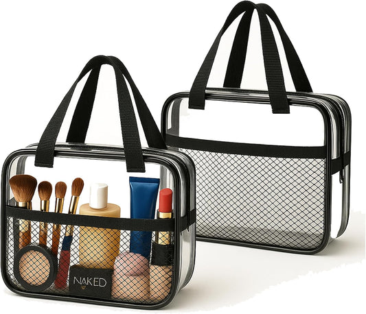 XEWEA 2PCS Middle TSA Approved Clear Travel Toiletry Bags for Men Women, Transparent Makeup Cosmetic Bag with Handle Zipper, Waterproof PVC Quart Organizer Pouch for Airport Airline Essential, Balck - Roamly