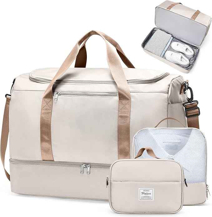Extra Large Travel Duffle Bag,Carry on Overnight Weekend Bag with Shoes Compartment,Weekender Bags for Women for Travel Business Trips Sport Hospital,3 Pcs Set,Beige & Brown