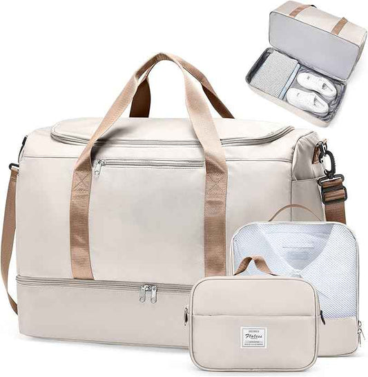 Extra Large Travel Duffle Bag,Carry on Overnight Weekend Bag with Shoes Compartment,Weekender Bags for Women for Travel Business Trips Sport Hospital,3 Pcs Set,Beige & Brown