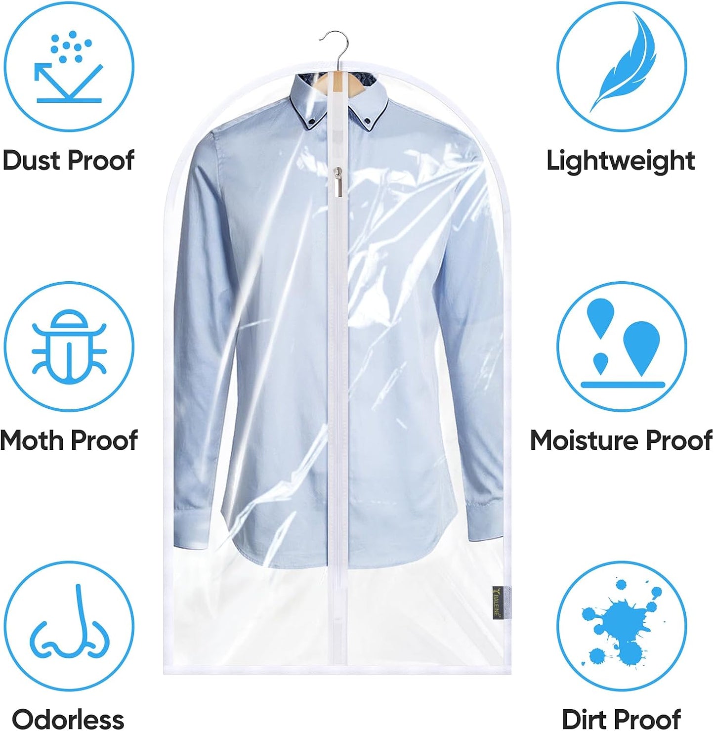 BALEINE 60'' Clear Garment Bags, 6 Packs PEVA Dress Bag for Closet Clothes Dresses Suit Coats Storage (Clear, 6PK)