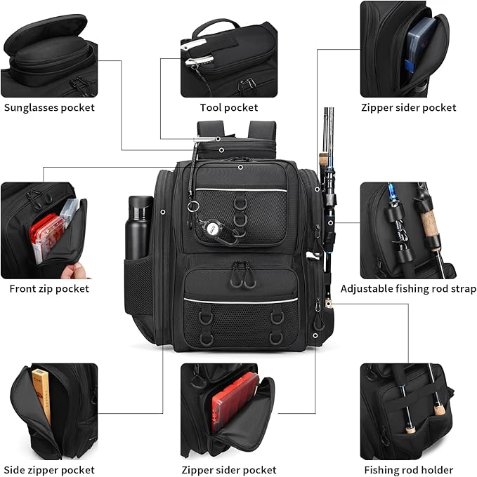 WANOON Fishing Backpack, fishing bag with Rod Holders. Large Ttackle Backpack Strong Materials