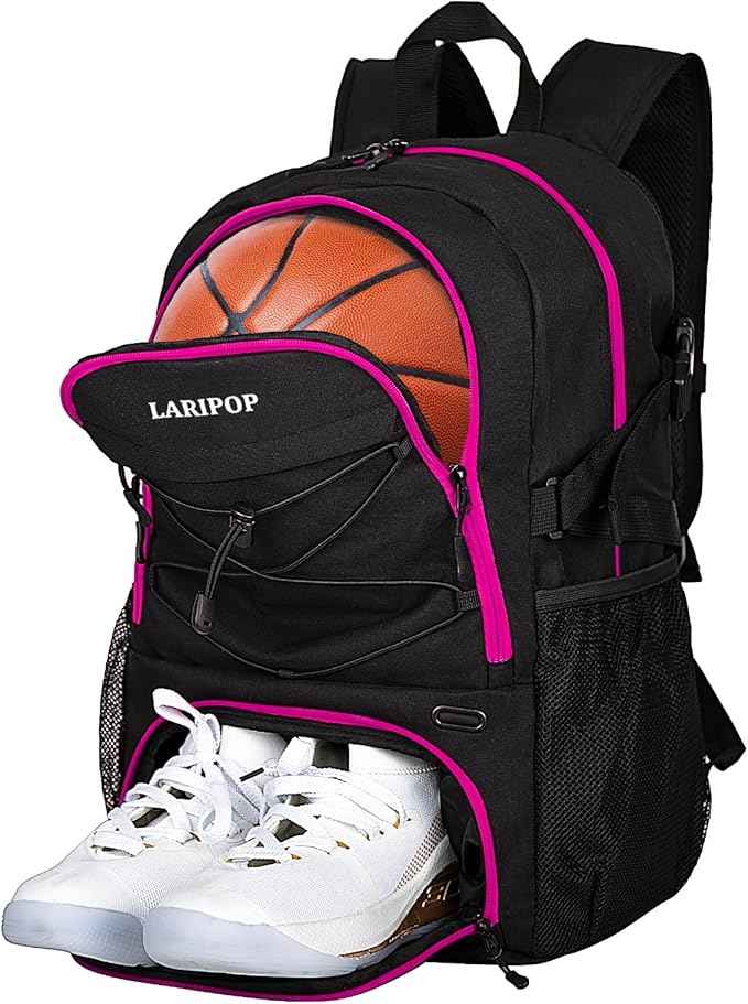 LARIPOP Basketball Bag, Sports Backpack with Ball Holder & Shoe Compartment, Water Resistant Gym Bag for Soccer Volleyball Travel