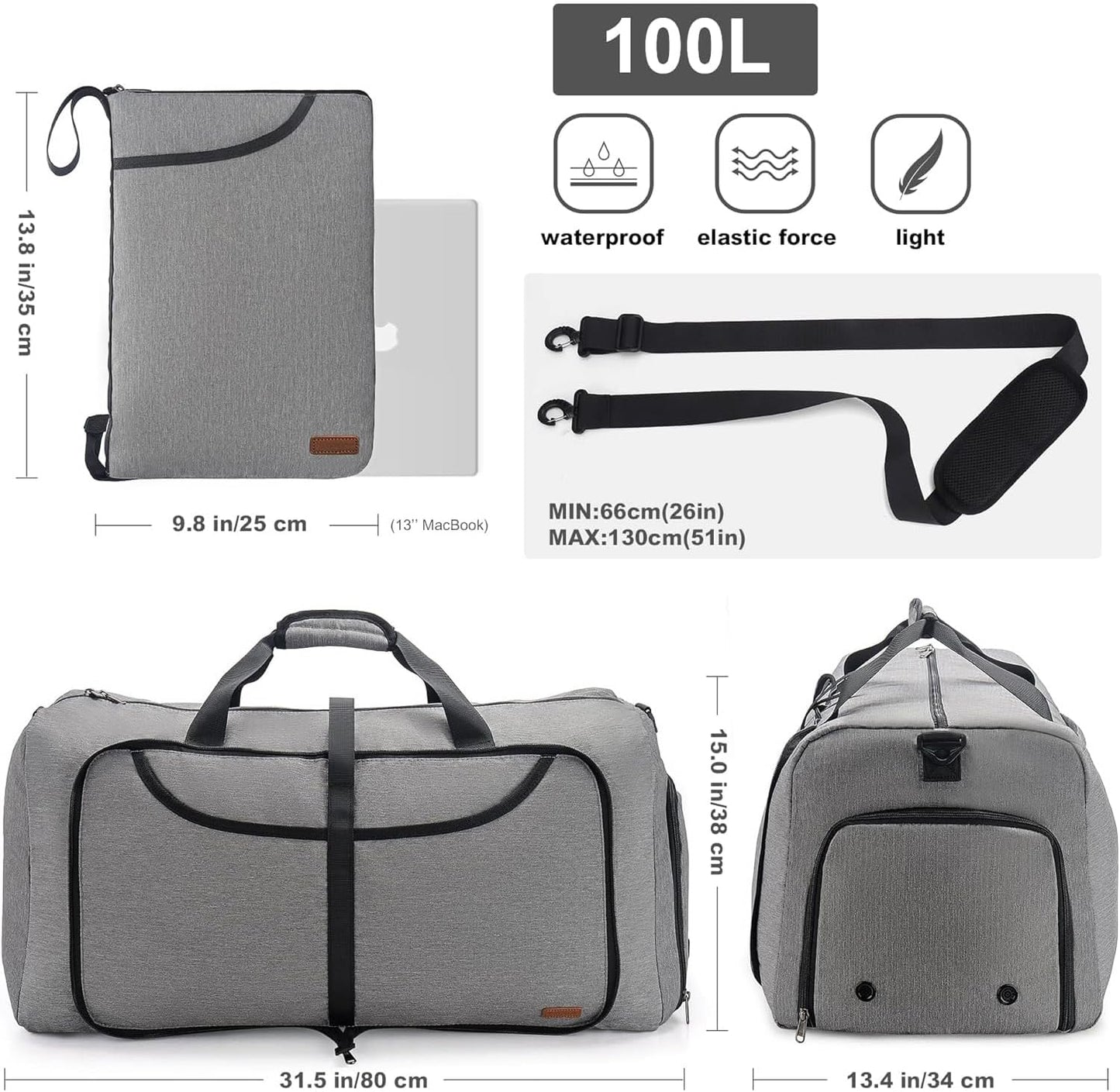 100L Duffle Bag for Travel, Large Foldable Waterproof Travel Duffel Bags Weekender Overnight Bag for Men and Women with Shoe Compartment - Roamly